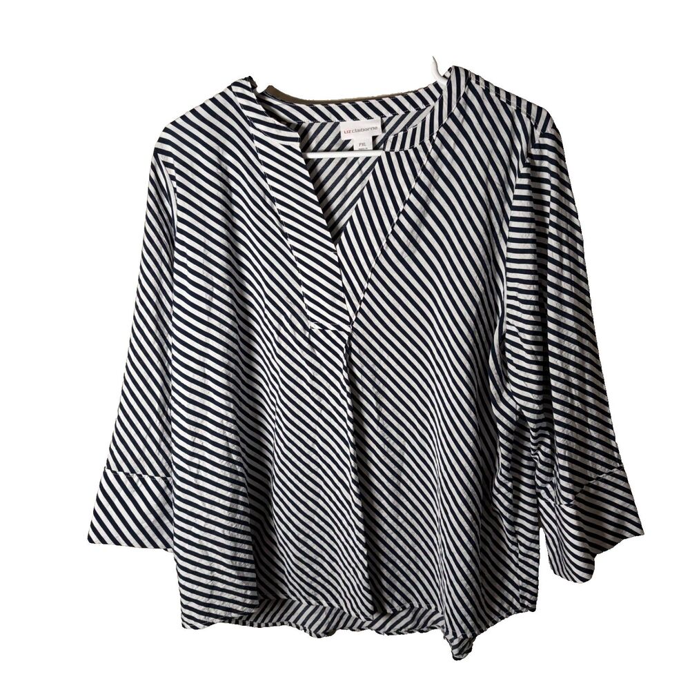 Liz Claiborne Blouse Women's Petite XL Striped 3/4 Sleeve V-Neck Career Top